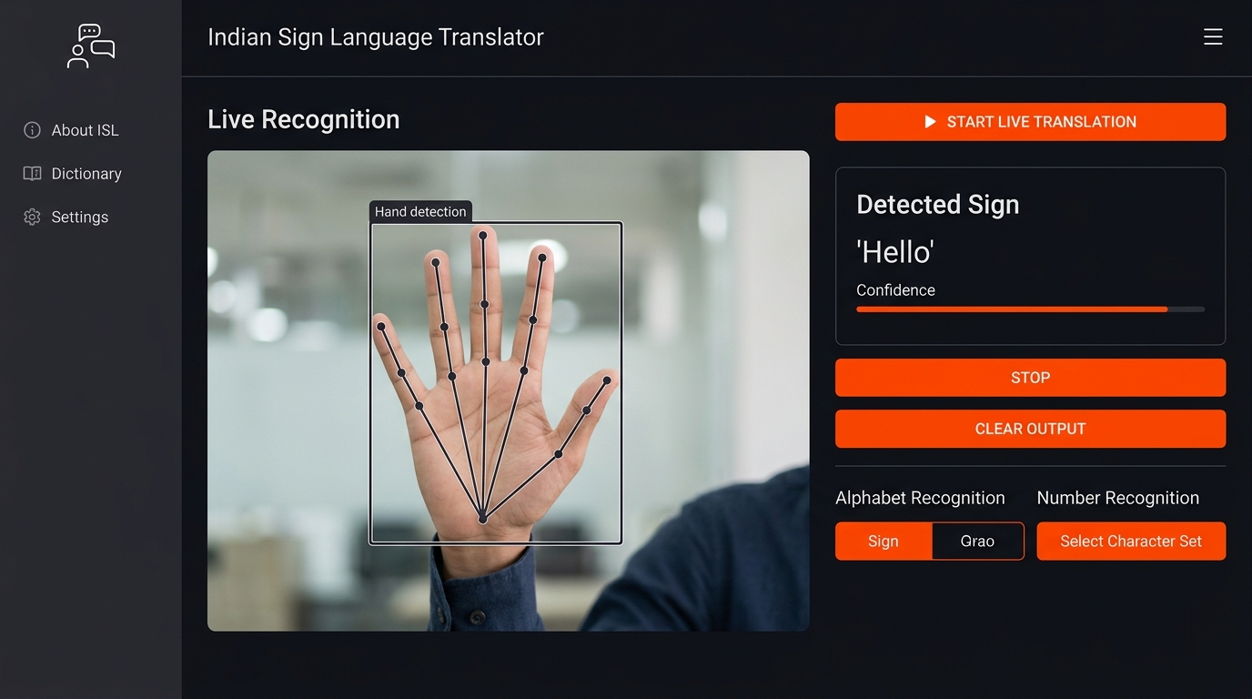 ISL real-time translation app showing hand detection bounding box and recognized sign output