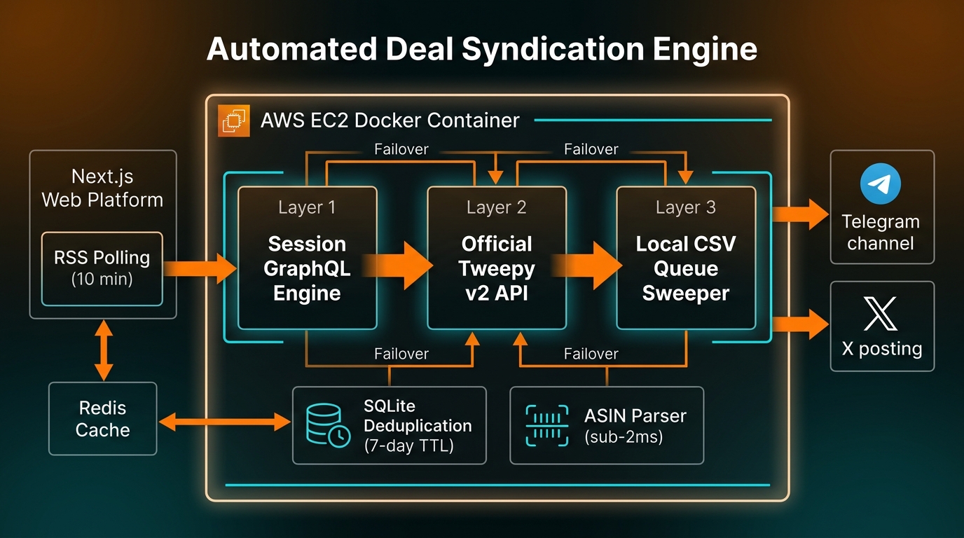 TechSelect three-tier failover architecture diagram showing Session GraphQL, Tweepy v2 API, CSV Queue Sweeper, Redis Cache, SQLite Deduplication, and AWS EC2 Docker deployment