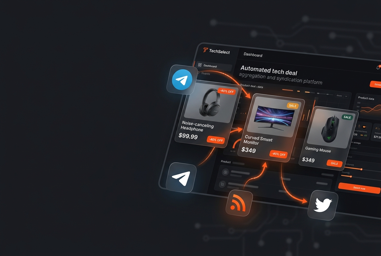 TechSelect deal syndication dashboard showing product cards, Telegram, RSS and X distribution channels
